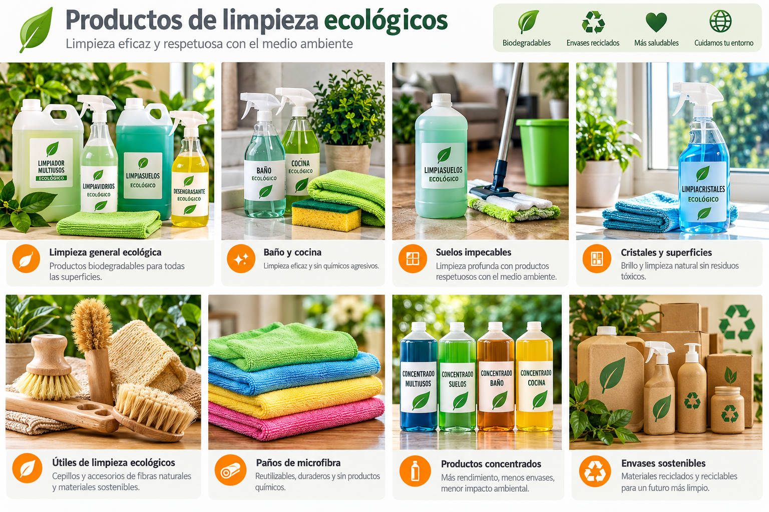 Selección ilustrativa de productos de limpieza ecológicos, utensilios naturales, paños reutilizables y envases reciclables